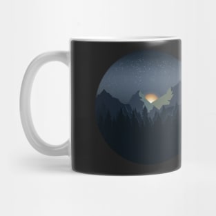 Mountains, trees, sunrise, starry sky. Mug